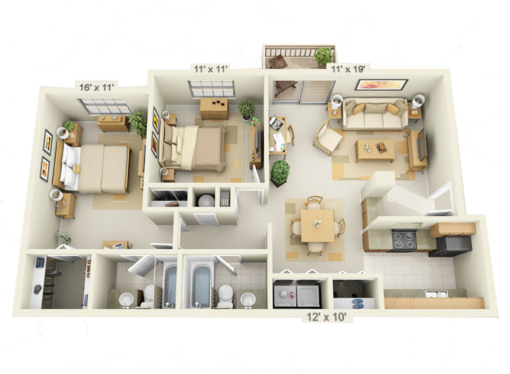 Floor plan for 2 beds, 2 baths, 980 sqft